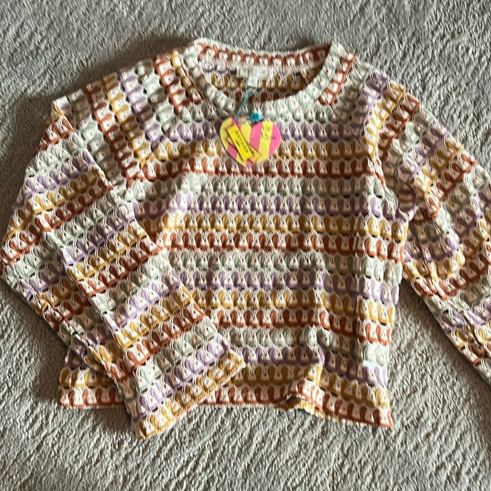 Detailed burnt orange, gold, lavender and mint sweater